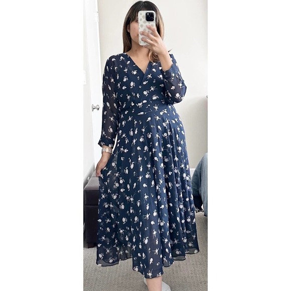 Cabi Blue Floral Print Asymmetrical Hem Midi Dress Three-Quarter Sleeves Size 6 - Picture 1 of 6